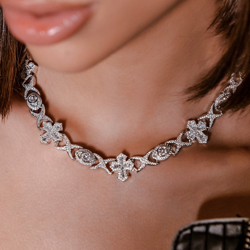 Baguette Cross Evil Eye Necklace in White Gold - 16mm
