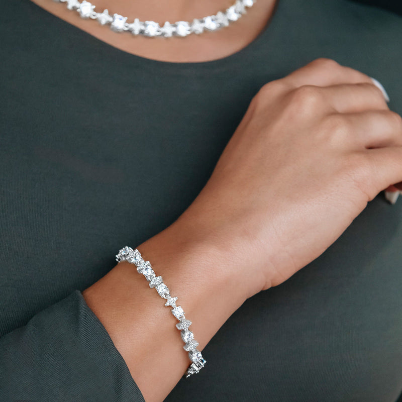 Round Stone Star Tennis Necklace + Bracelet Bundle in White Gold