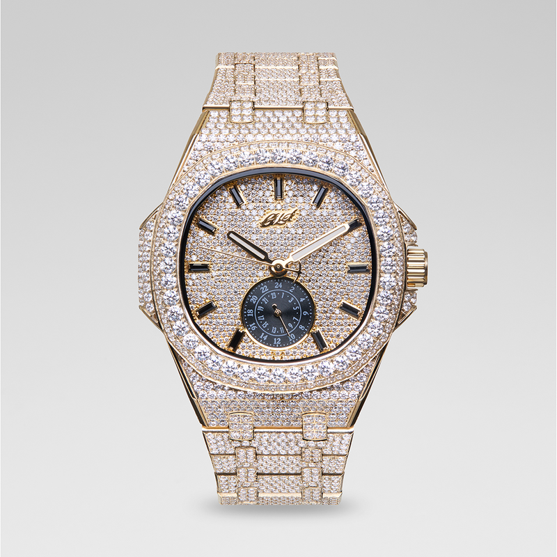 39MM Visionary Moissanite Fully Iced Case & Steel Band Watch - Yellow Gold