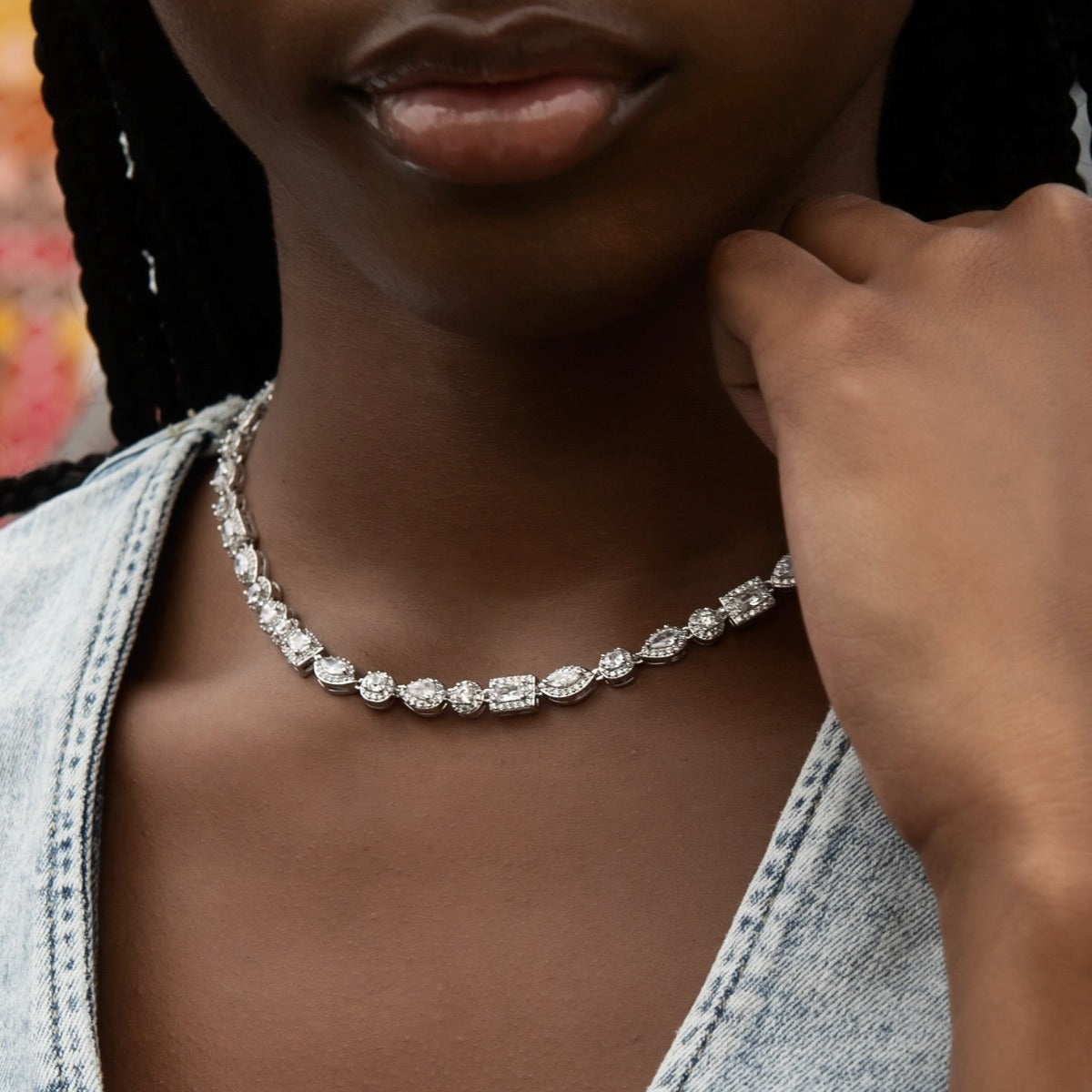 Mixed Diamond Pave Necklace in White Gold