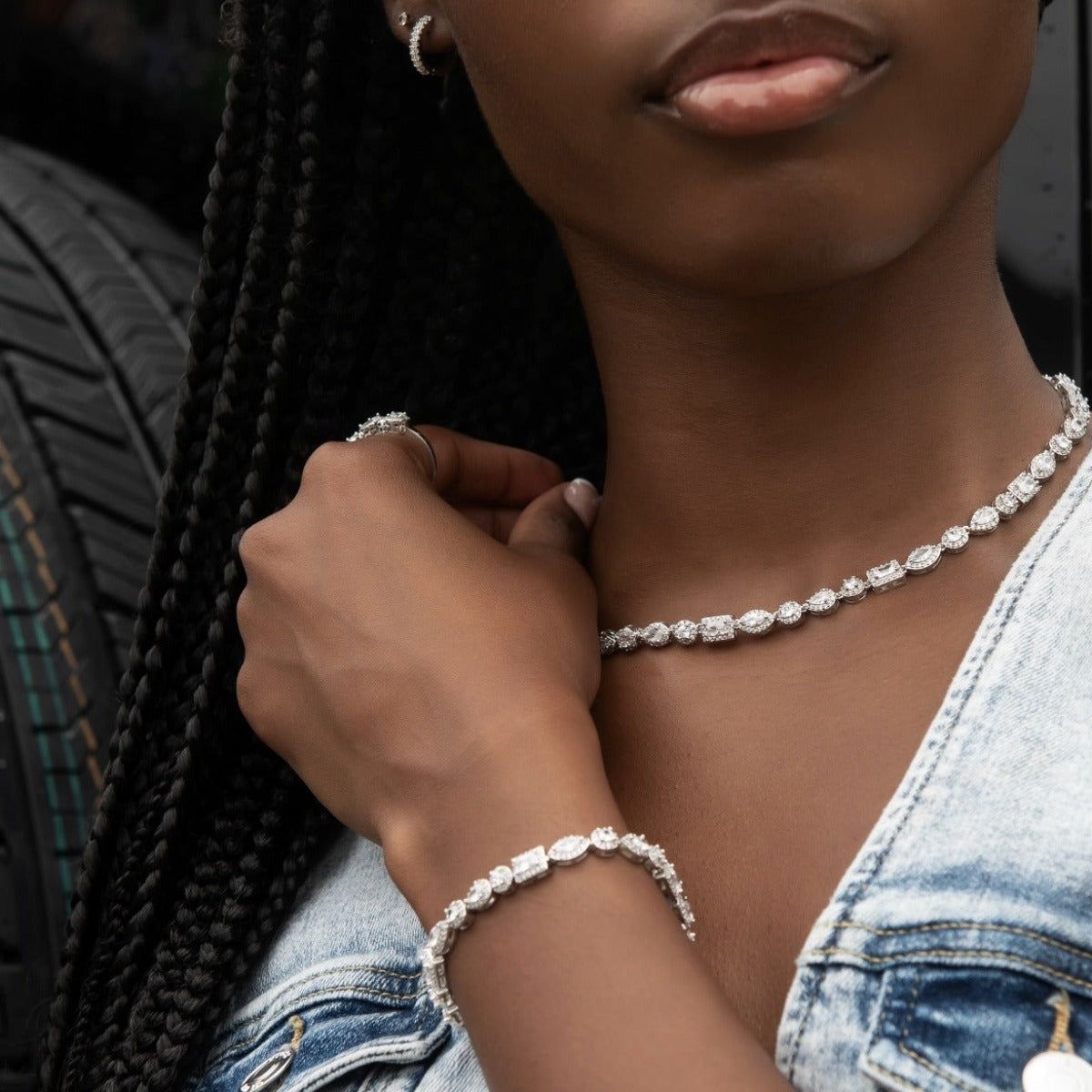 Mixed Diamond Pave Necklace in White Gold