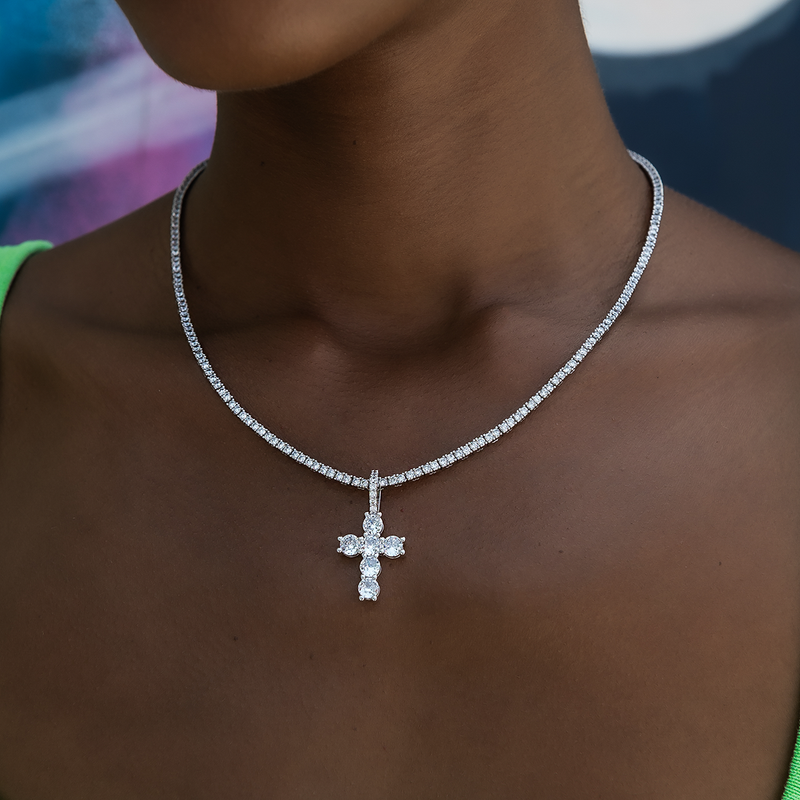 Iced Micro Round Cross Pendant in White Gold