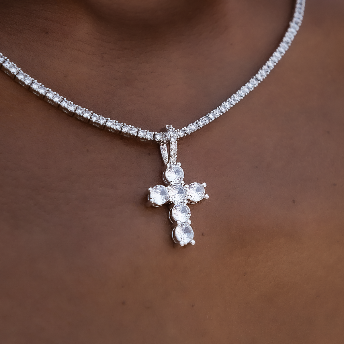 Iced Micro Round Cross Pendant in White Gold