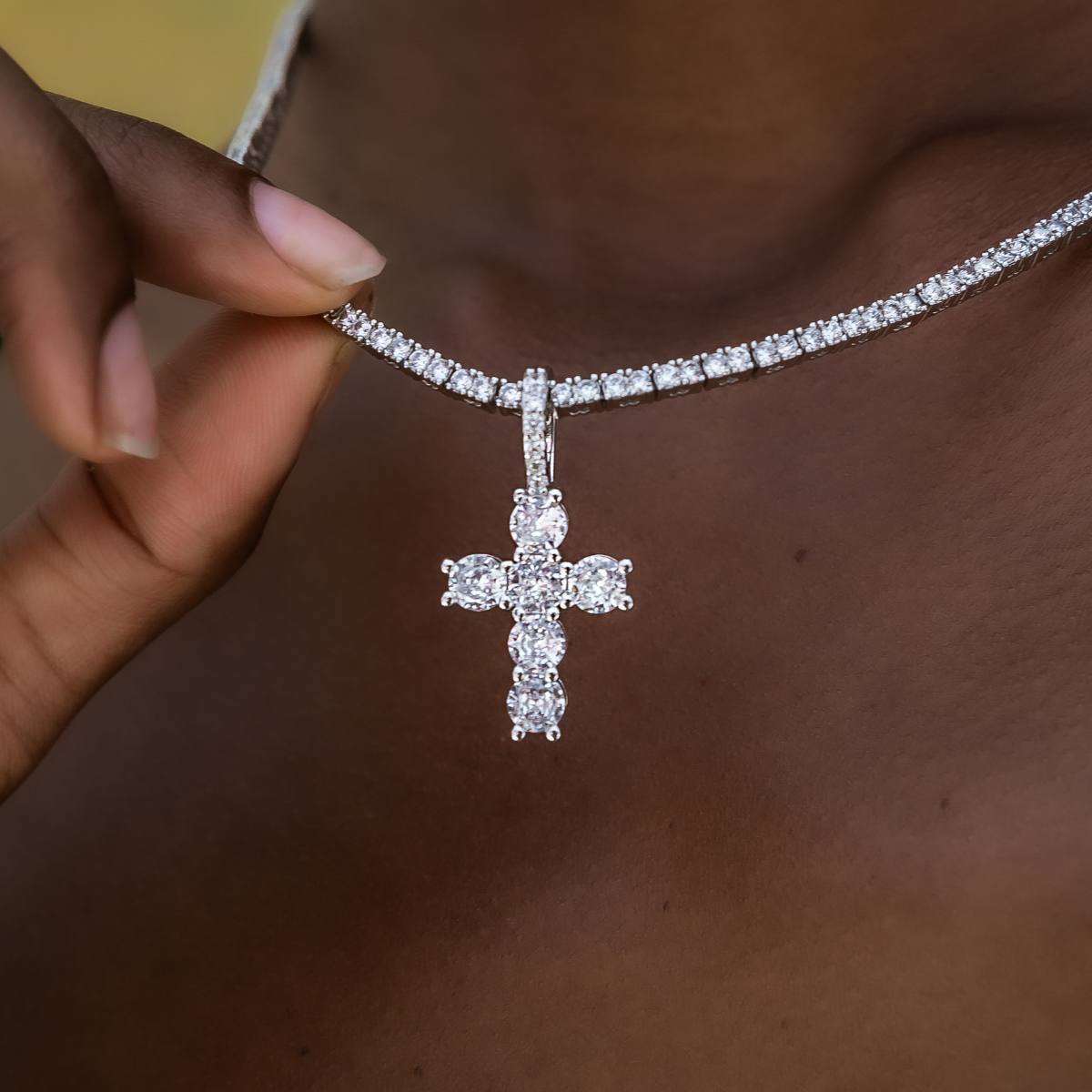 Iced Micro Round Cross Pendant in White Gold
