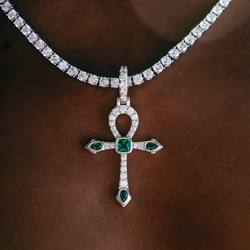 Emerald Stone Ankh Cross Pendant in White Gold