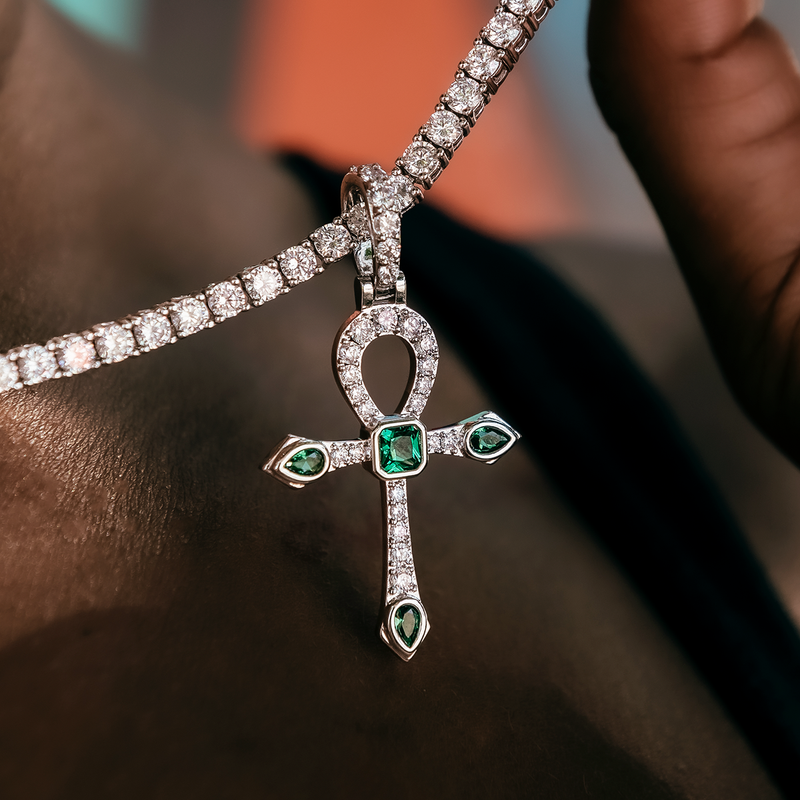 Emerald Stone Ankh Cross Pendant in White Gold
