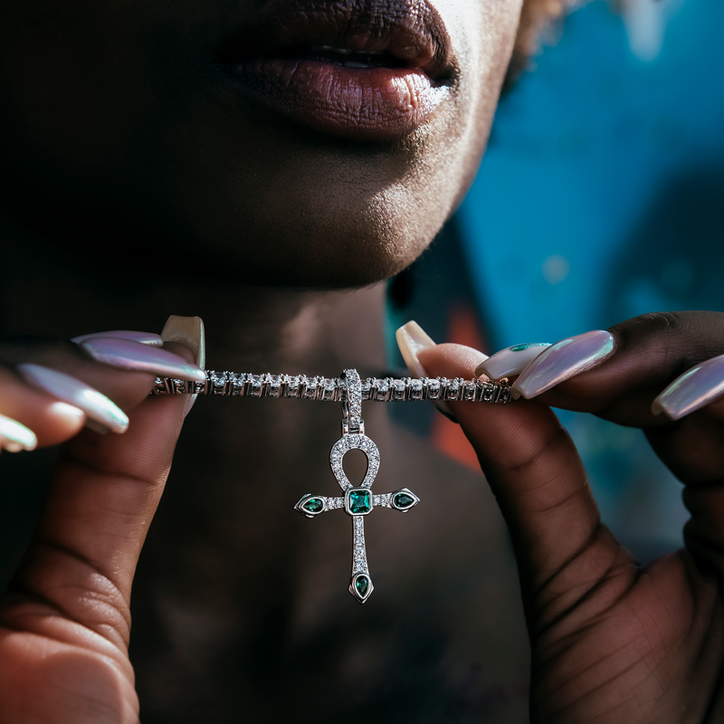 Emerald Stone Ankh Cross Pendant in White Gold