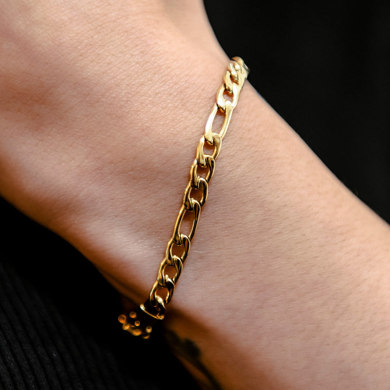 Figaro Chain Bracelet in Hollow Yellow Gold - 4mm