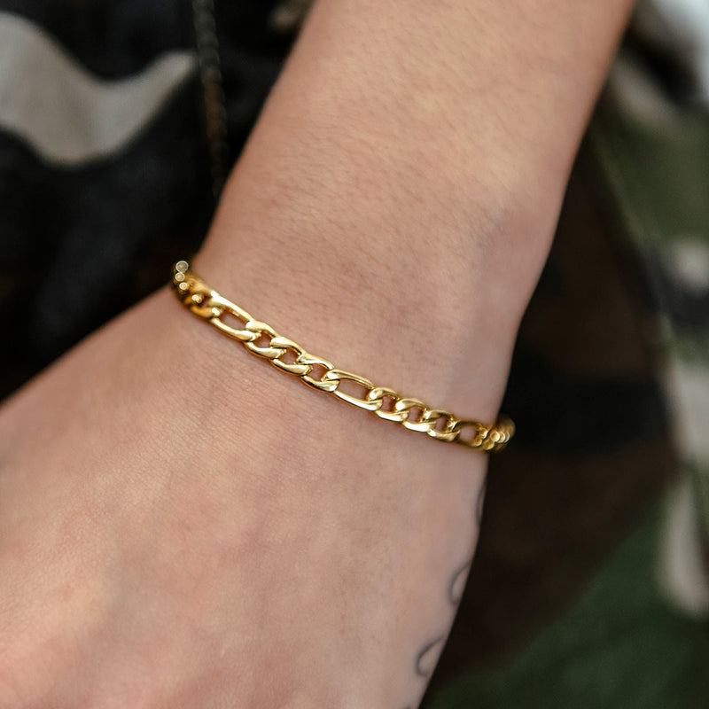 Figaro Chain Bracelet in Hollow Yellow Gold - 4mm