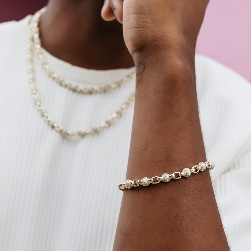 Iced Ball Box Link Chain + Bracelet Bundle in Yellow Gold