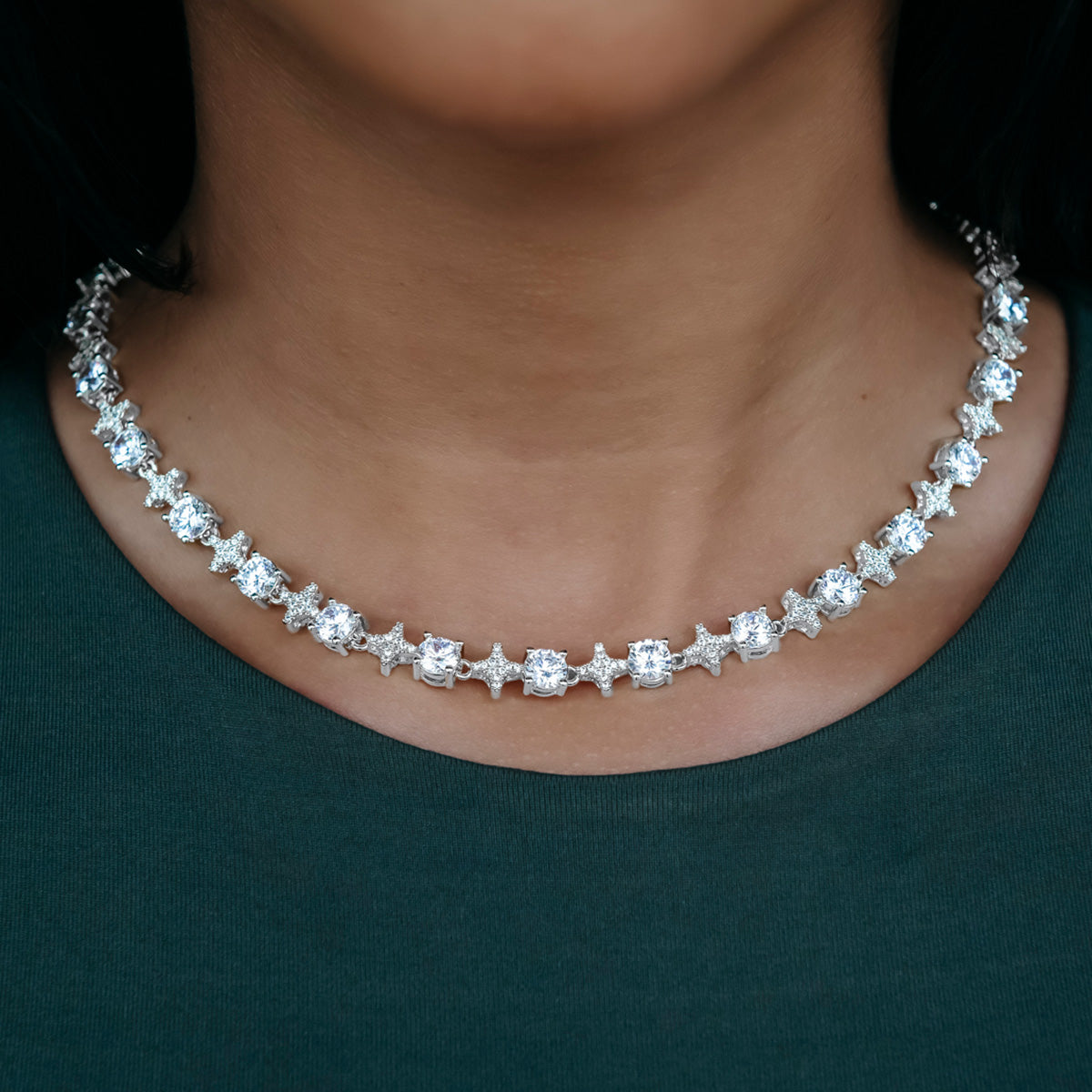 Round Stone Star Tennis Necklace + Bracelet Bundle in White Gold
