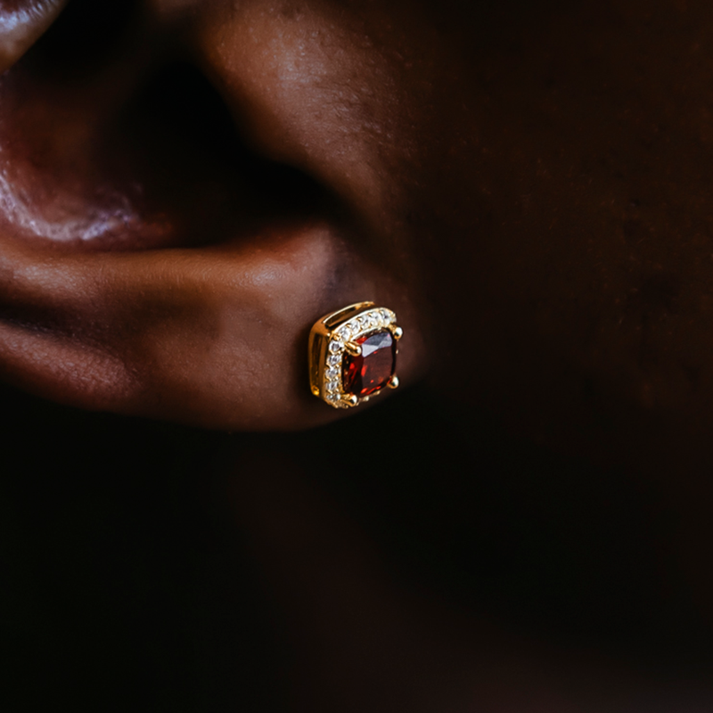 Ruby Cushion Cut Earrings in Yellow Gold