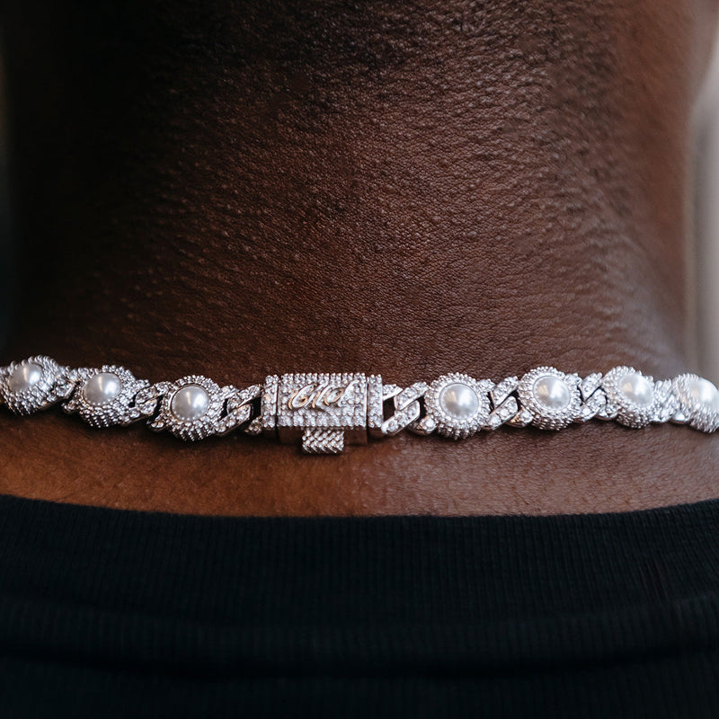10mm Iced Halo Cuban Chain with Pearls in White Gold