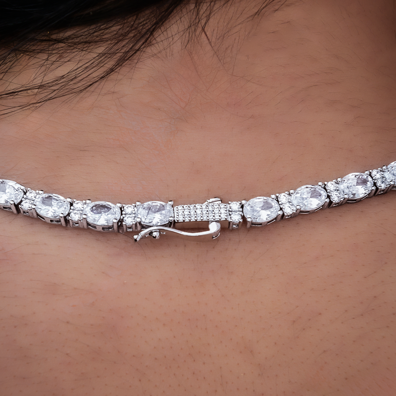 Diamond Mixed Oval Cut Tennis Necklace in White Gold - 5mm