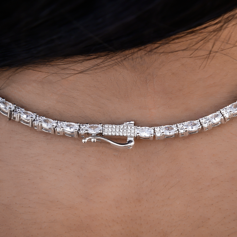 Diamond Mixed Oval Cut Tennis Necklace in White Gold - 3mm