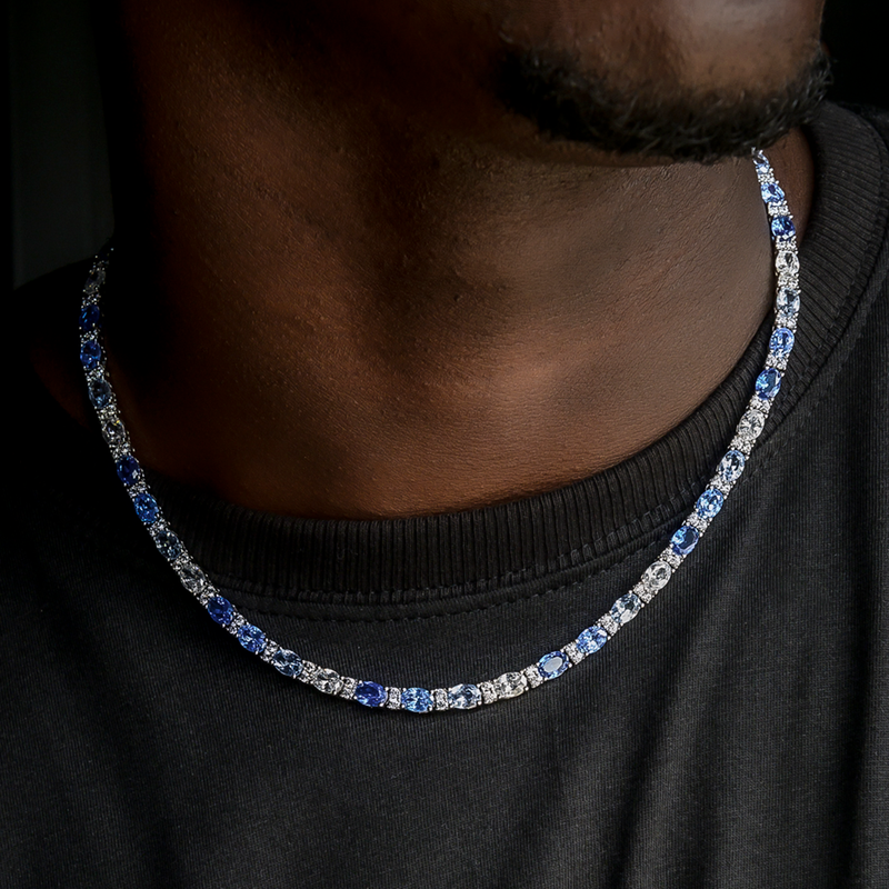 Blue Mixed Oval Cut Tennis Chain in White Gold - 5mm