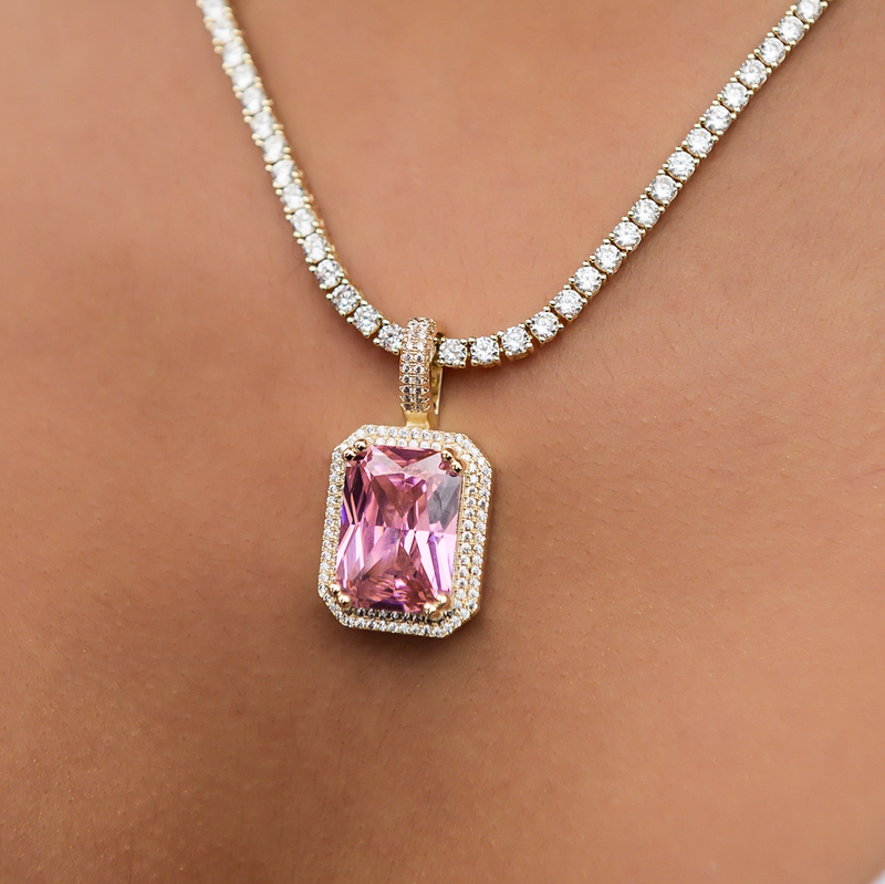 Iced Pave Pink Pendant - Yellow Gold