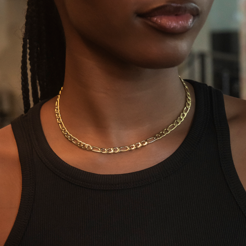 Figaro Necklace + Bracelet Bundle in Yellow Gold- 6mm