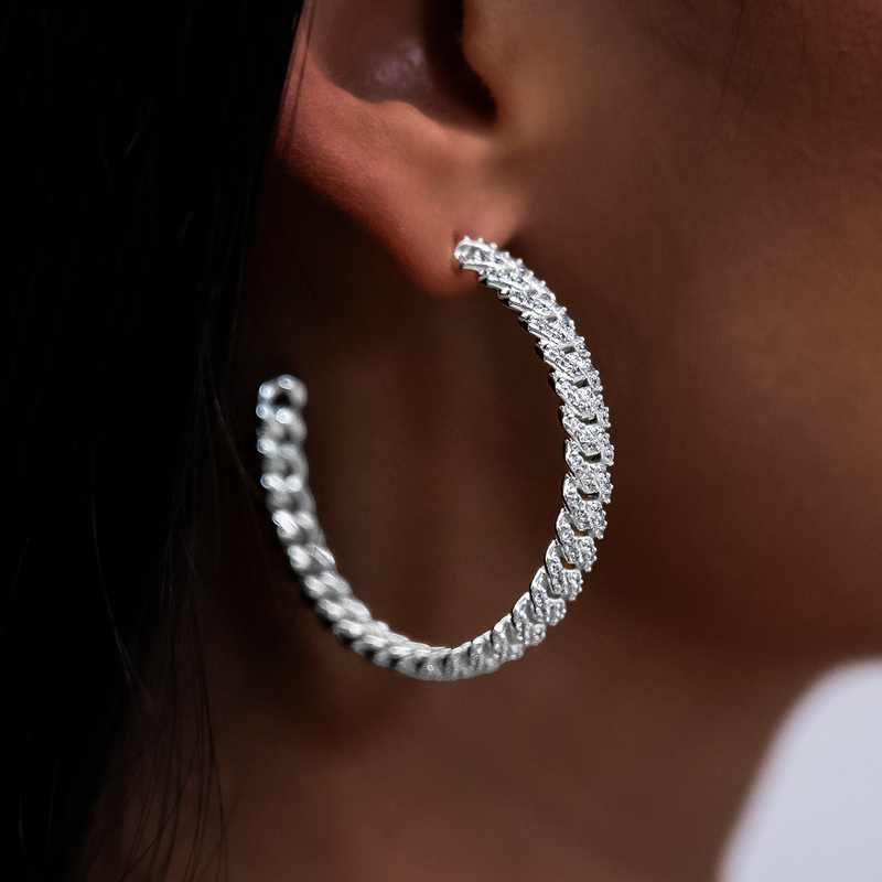 Micro Diamond Prong Cuban Necklace + Bracelet + Hoop Bundle in White Gold
