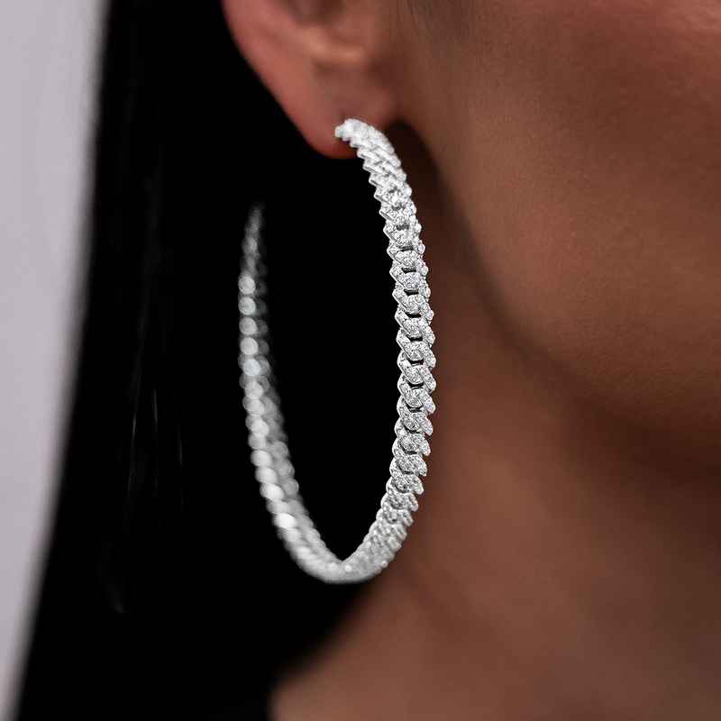 Micro Diamond Prong Cuban Necklace + Bracelet + Hoop Bundle in White Gold