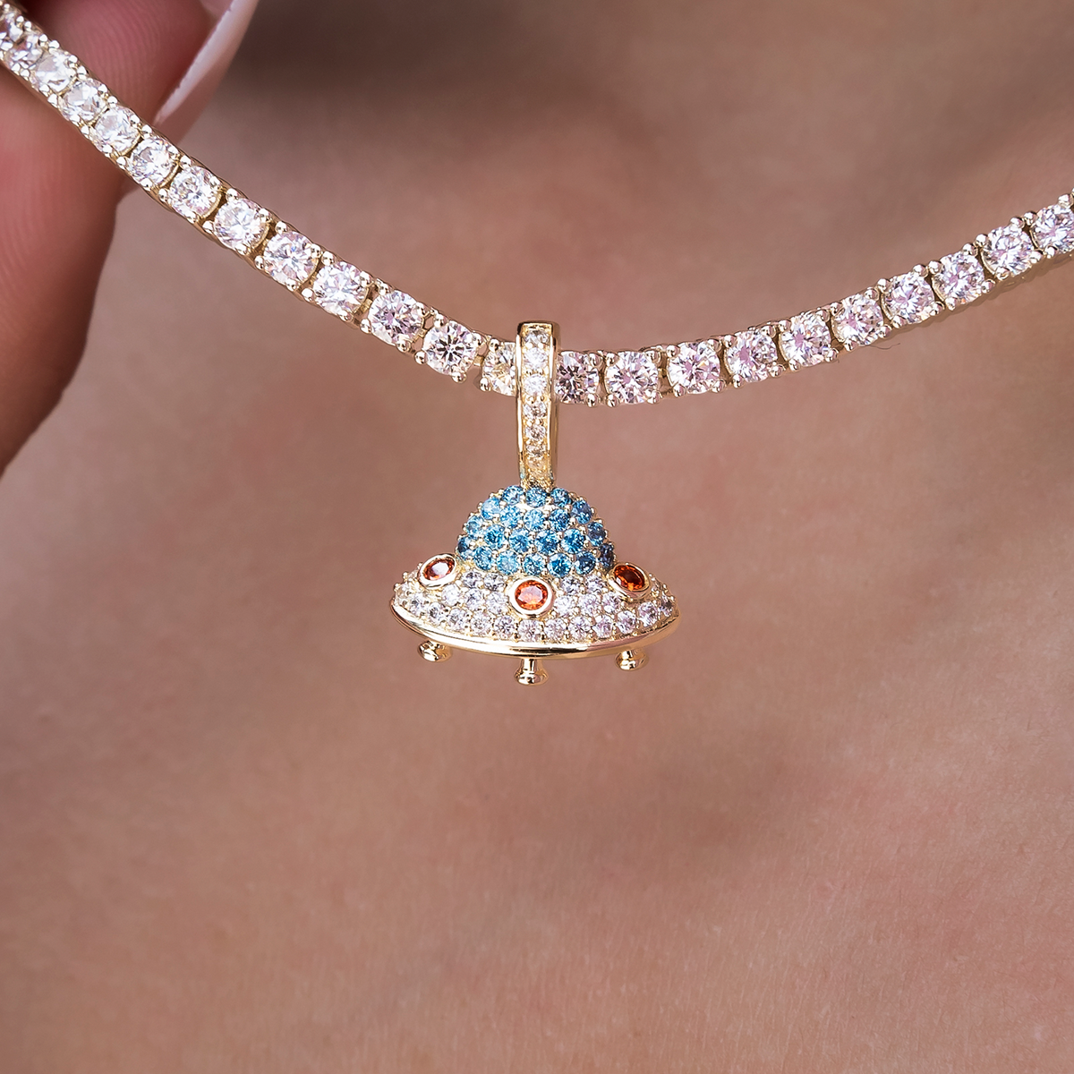 Micro Iced UFO Pendant in Yellow Gold