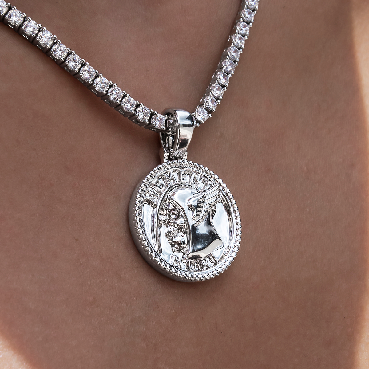 Memento Mori Coin Pendant in White Gold