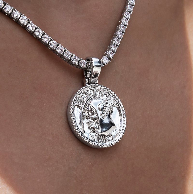 Memento Mori Coin Pendant in White Gold