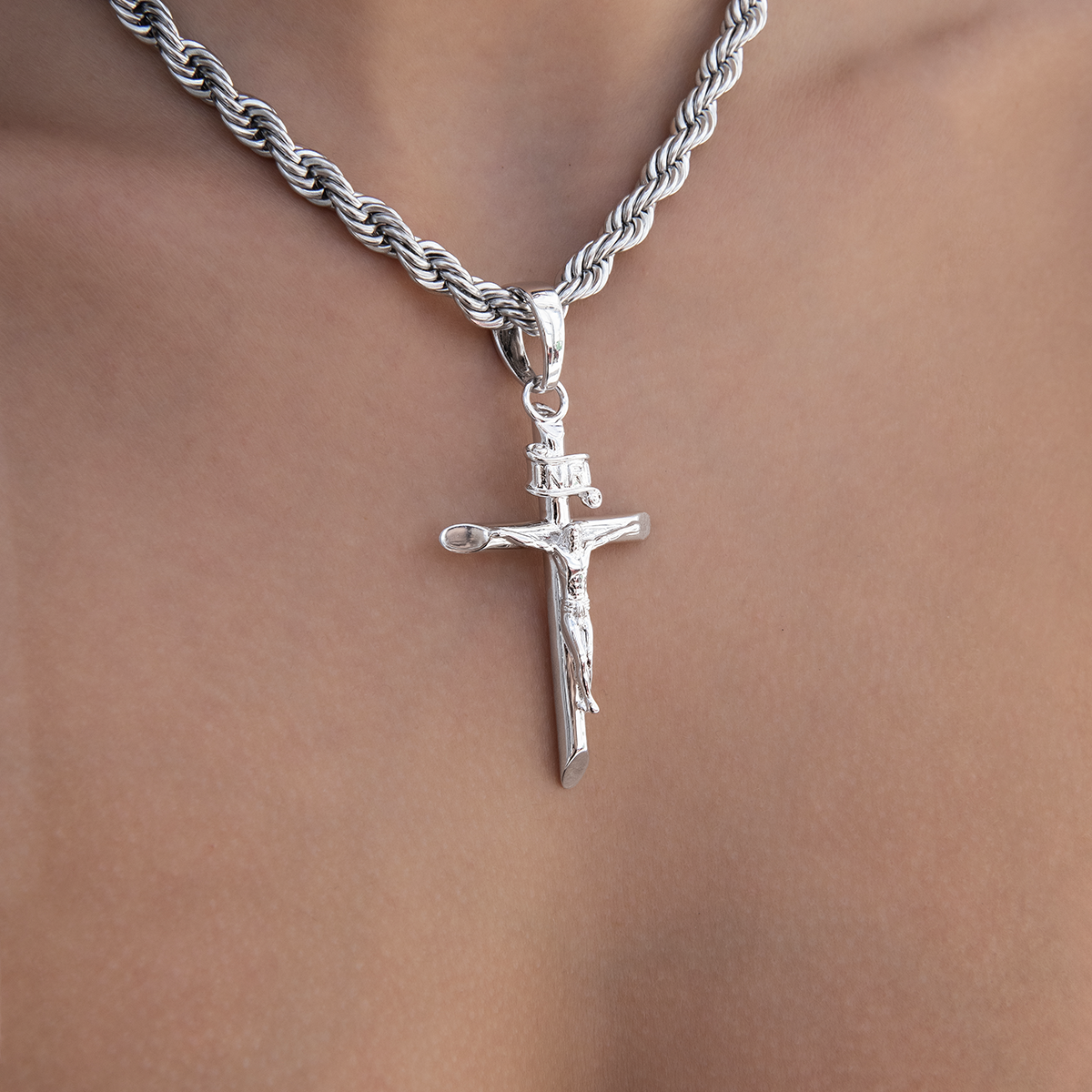 Large Crucifix Cross Pendant in White Gold