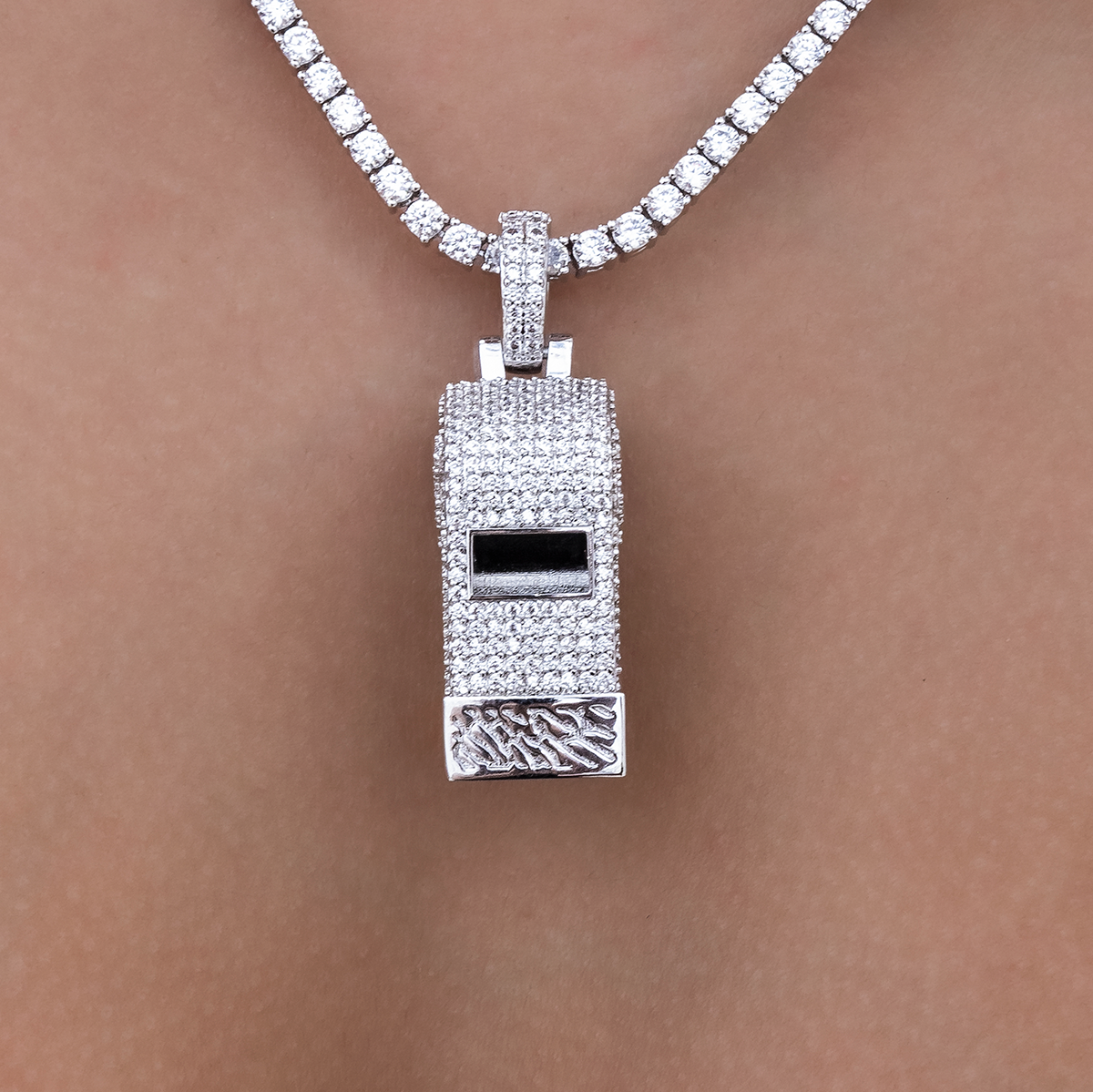 Iced Functioning Coaches Whistle Pendant in White Gold