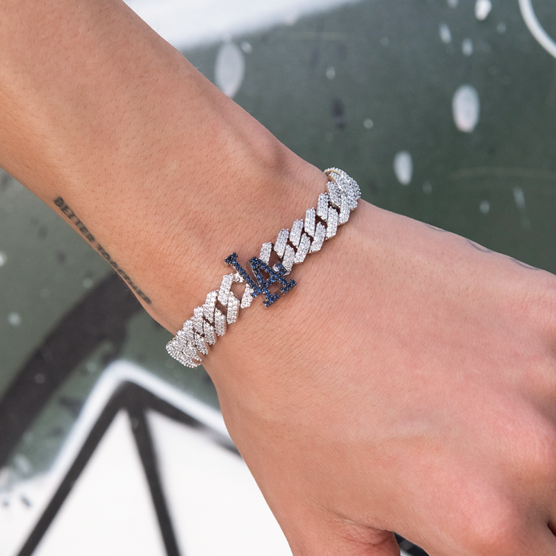 Los Angeles Dodgers Official MLB Diamond Prong Cuban Bracelet in White Gold- 8.5mm