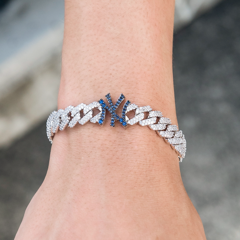 New York Yankees Official MLB Diamond Prong Cuban Bracelet in White Gold- 8.5mm