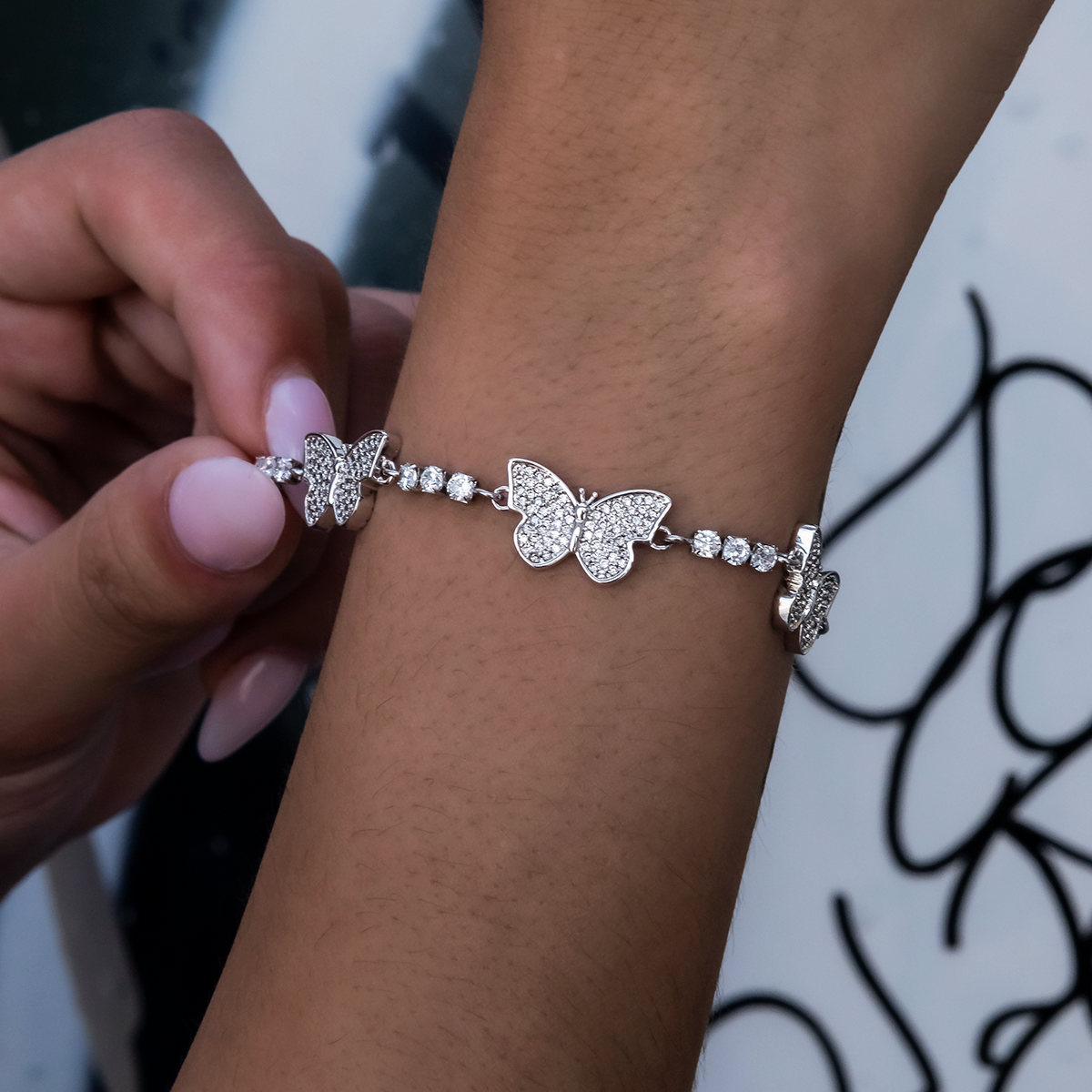 Micro Tennis Butterfly Necklace + Bracelet Bundle in White Gold