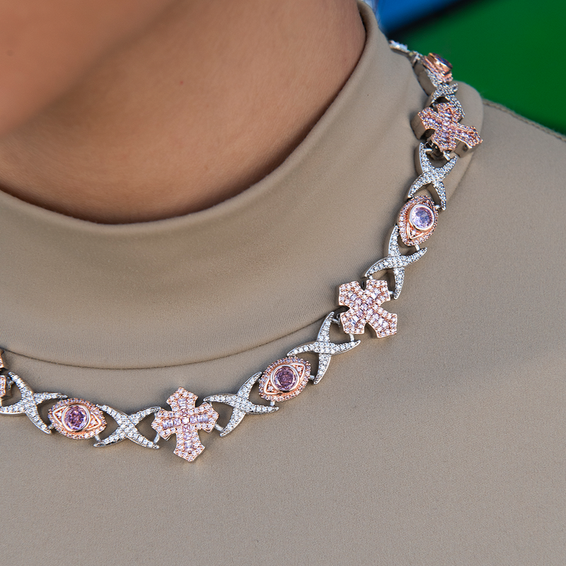Baguette Cross Evil Eye Necklace in Rose Gold - 16mm
