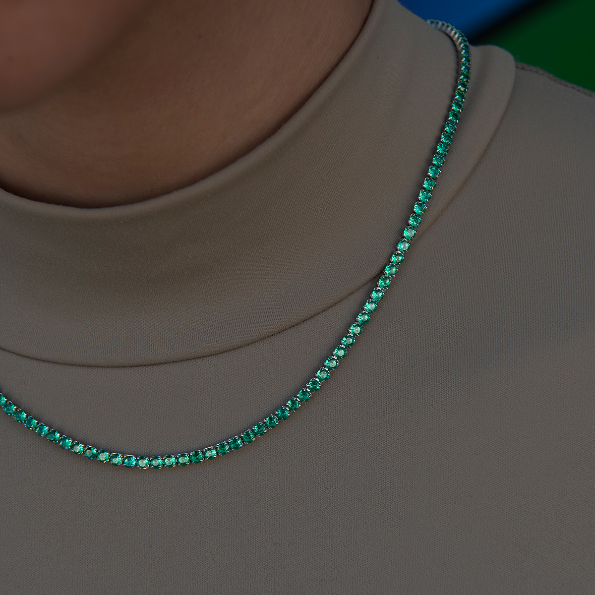 Emerald Diamond Micro Tennis Necklace in White Gold