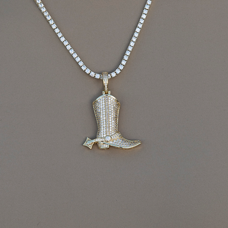 Iced Cowboy Boot Pendant in Yellow Gold