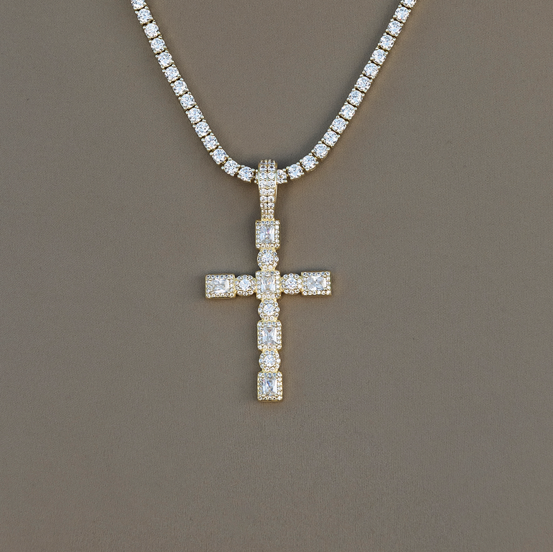 Diamond Pave Cushion Circle Cross Pendant in Yellow Gold