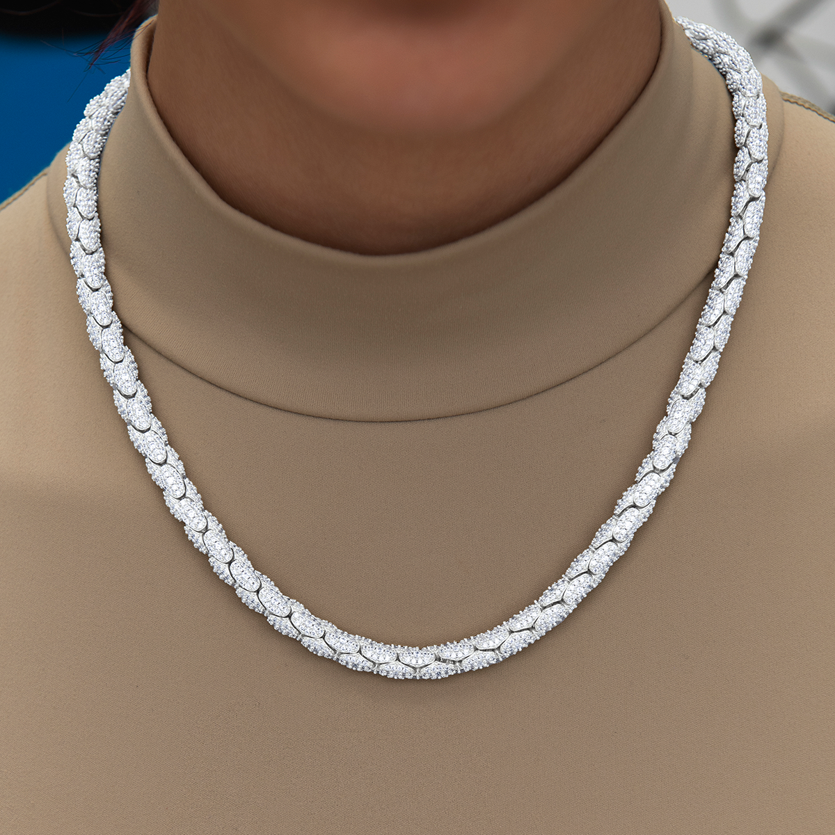 Diamond Pave Snake Link Necklace + Bracelet Bundle in White Gold- 6mm
