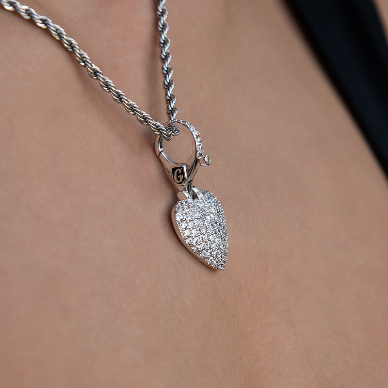 Pave Heart Clip On Charm Pendant in White Gold