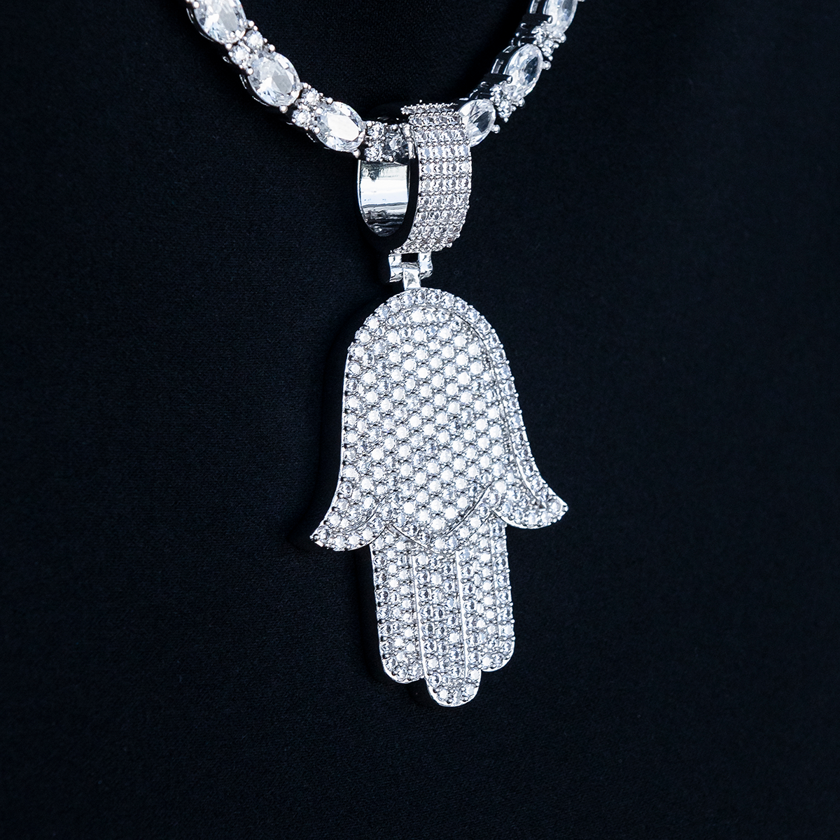 Large Iced Baguette Hamsa Pendant in White Gold