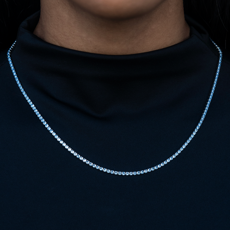 Blue Topaz Diamond Micro Tennis Necklace in White Gold