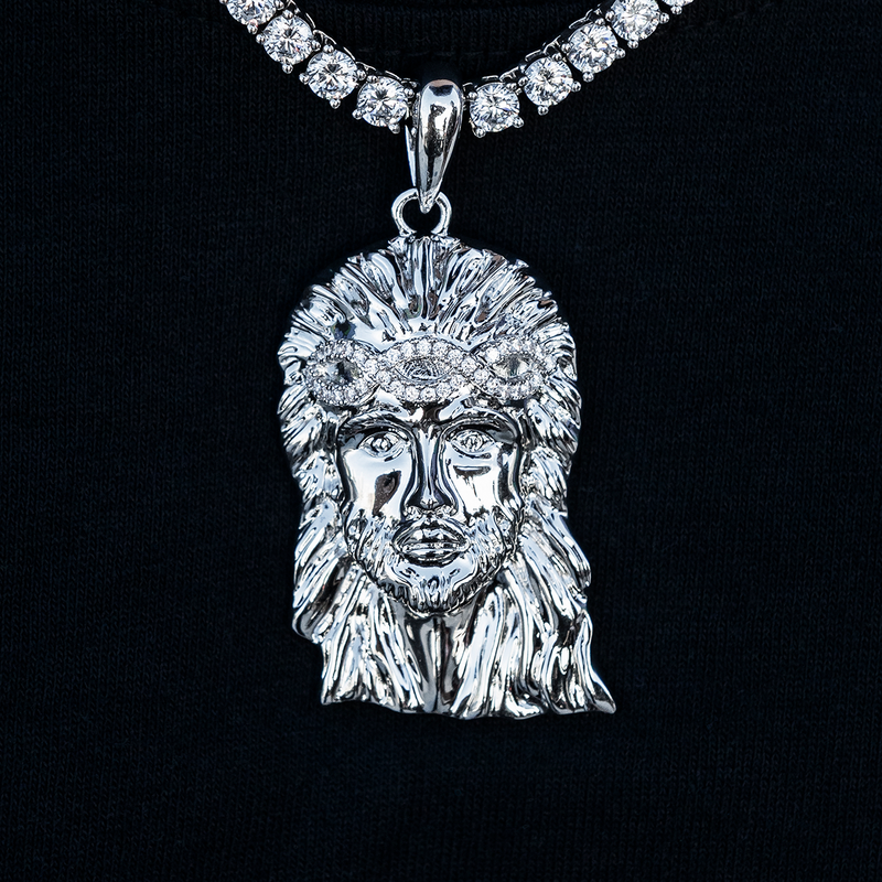 Large Diamond Crown Portrait of Jesus Pendant in White Gold