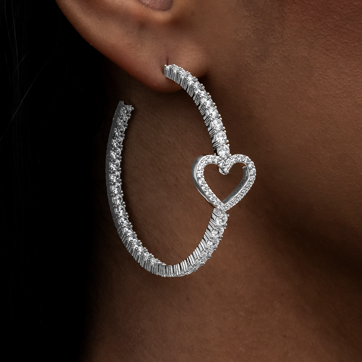 Heart Tennis Hoop Earrings - White Gold