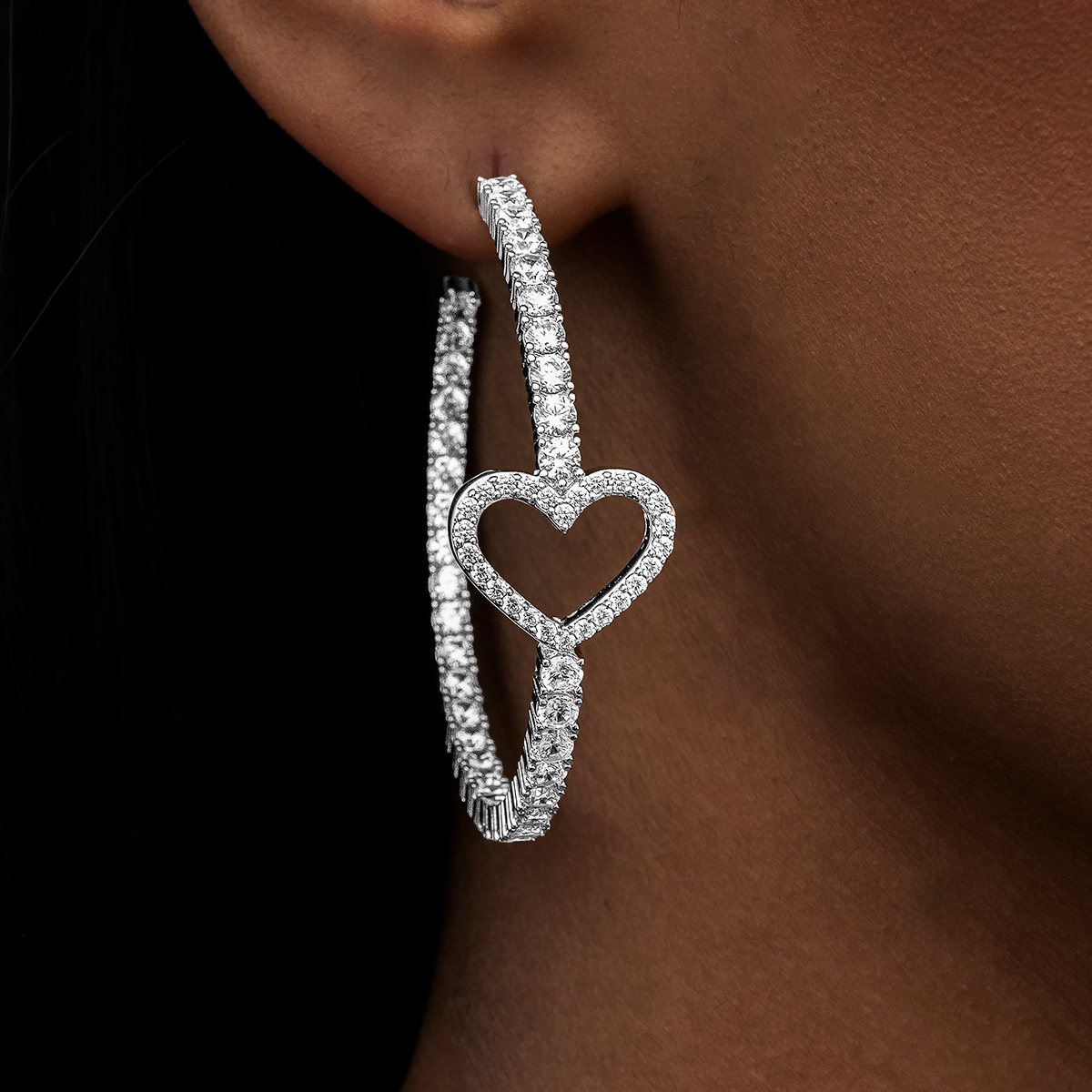 Heart Tennis Hoop Earrings - White Gold