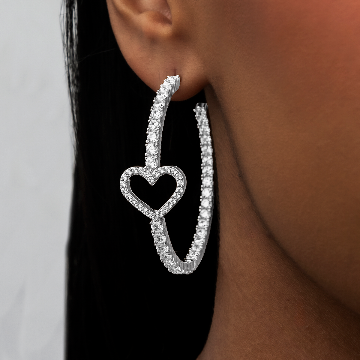 Heart Tennis Hoop Earrings - White Gold
