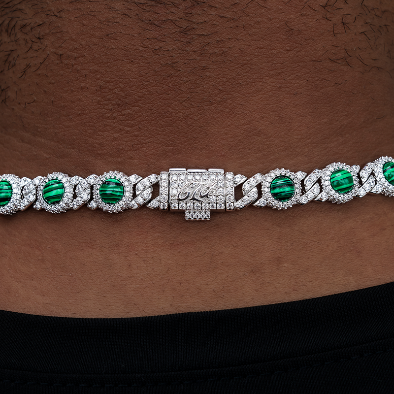10mm Iced Halo Cuban Chain with Malachite in White Gold