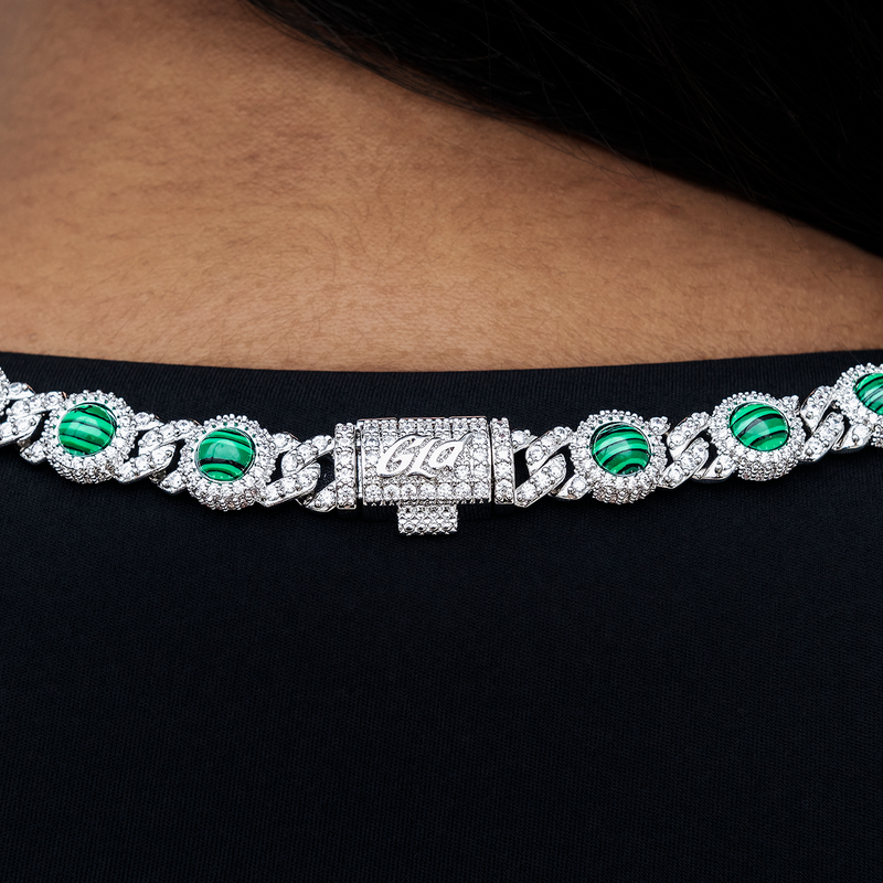 10mm Iced Halo Cuban Necklace with Malachite in White Gold