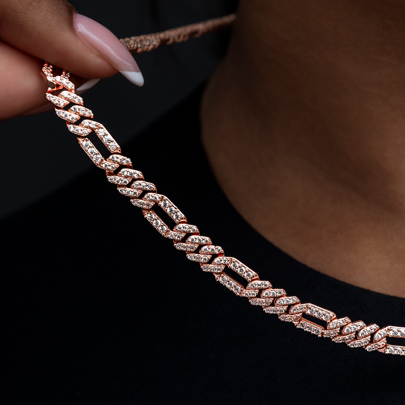 Diamond Figaro Necklace in Rose Gold- 6mm
