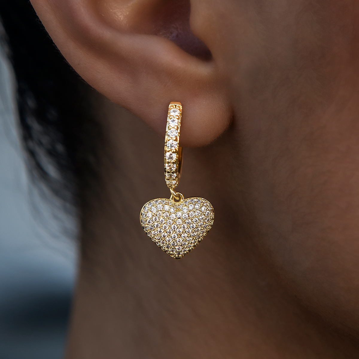 Pave Heart Hoop Earrings in Yellow Gold