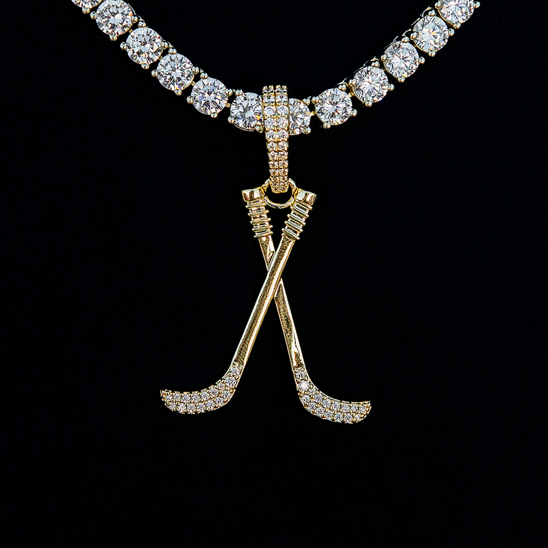 Iced Hockey Sticks Pendant in Yellow Gold