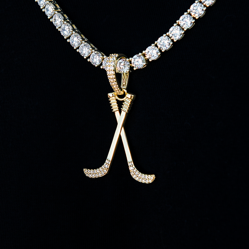 Iced Hockey Sticks Pendant in Yellow Gold